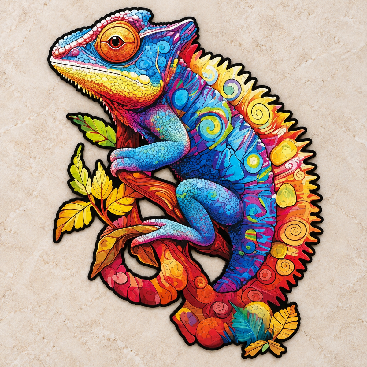 Rainbow Grove Chameleon Wooden Jigsaw Puzzle – Vibrant Reptile Art