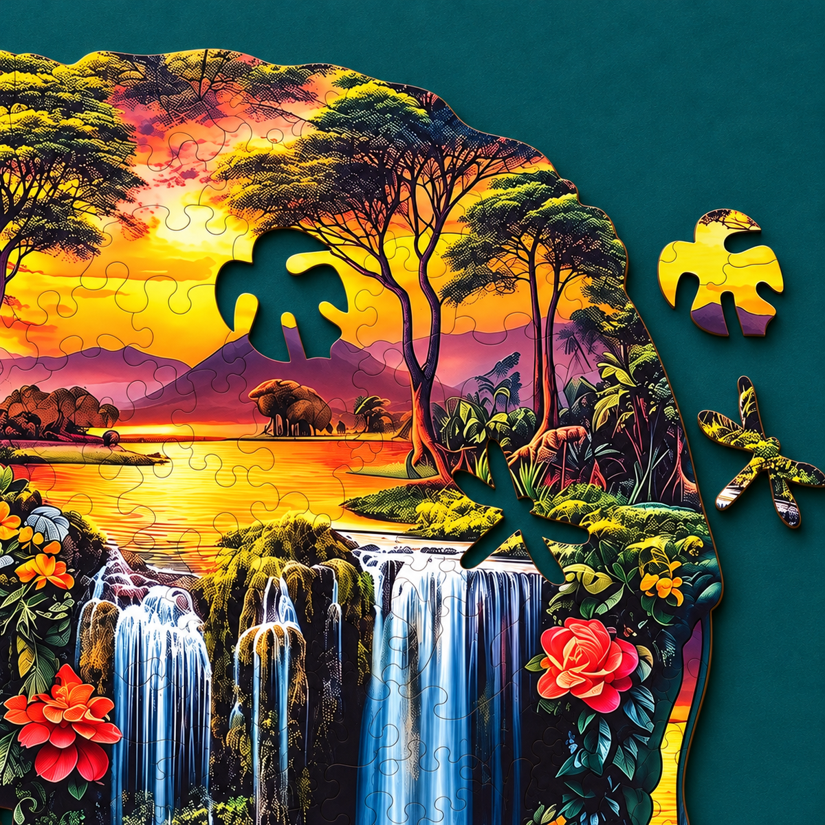 Sunset Elephant Oasis Wooden Jigsaw Puzzle – Waterfall & Floral Wildlife Art
