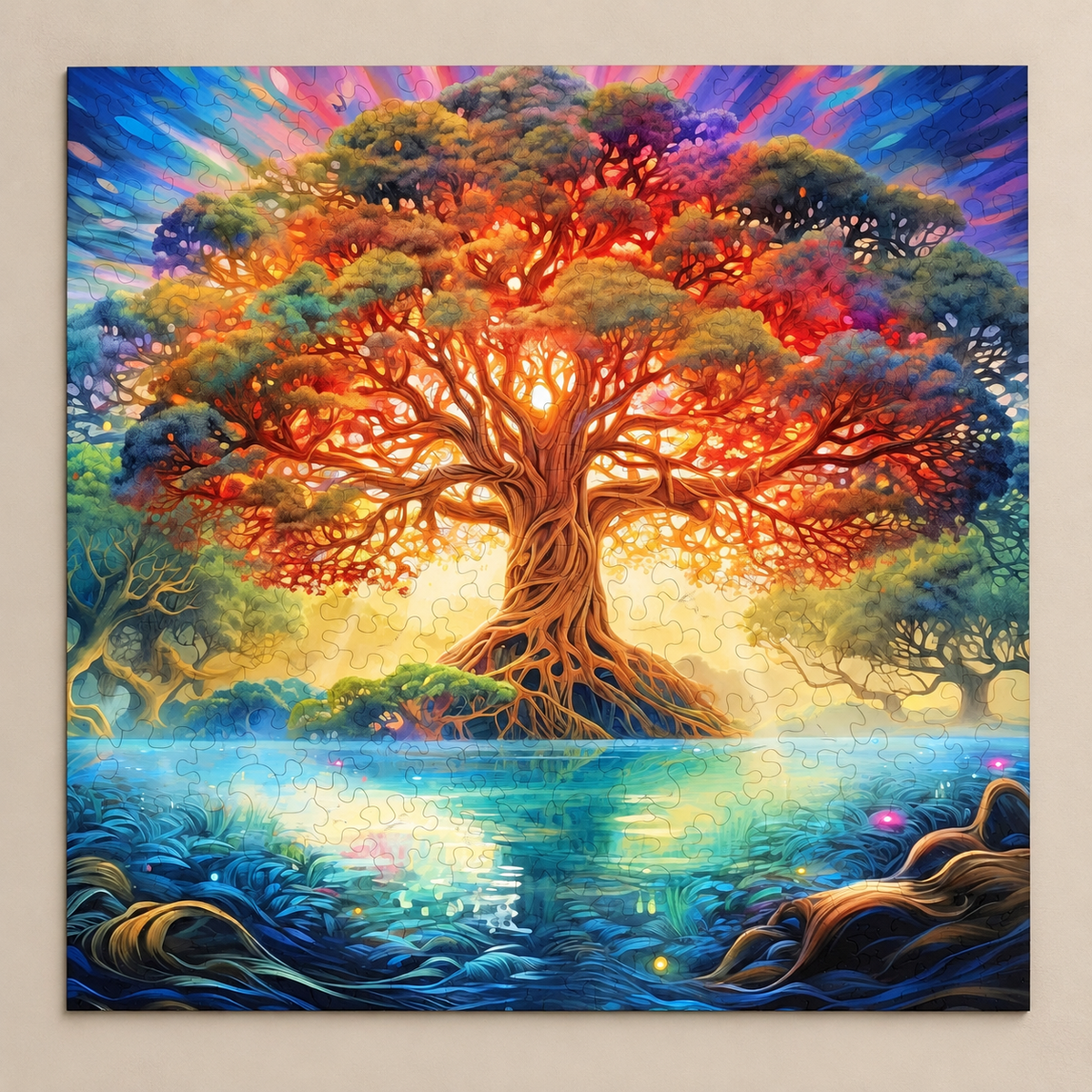 Golden Twilight Tree Wooden Jigsaw Puzzle – Enchanted Forest & Lake Scene