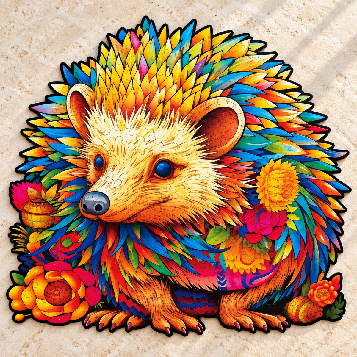 Rainbow Quill Hedgehog Wooden Jigsaw Puzzle – Colorful Woodland Art