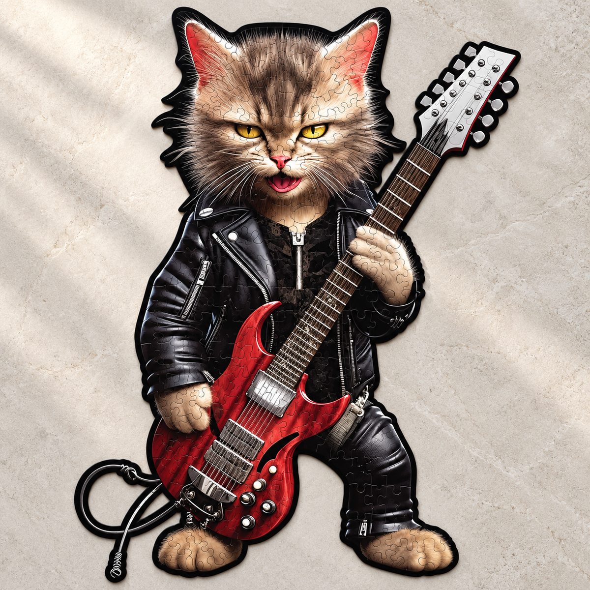 Feline Guitarist Wooden Jigsaw Puzzle – Tabby Cat & Electric Guitar Art
