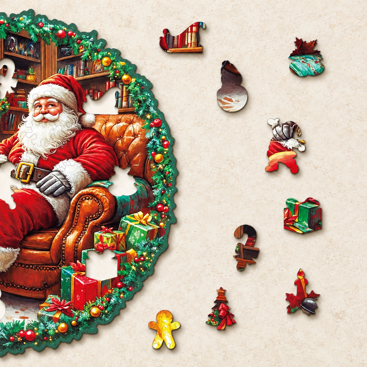 Santa’s Fireside Retreat Wooden Jigsaw Puzzle – Cozy Christmas Scene