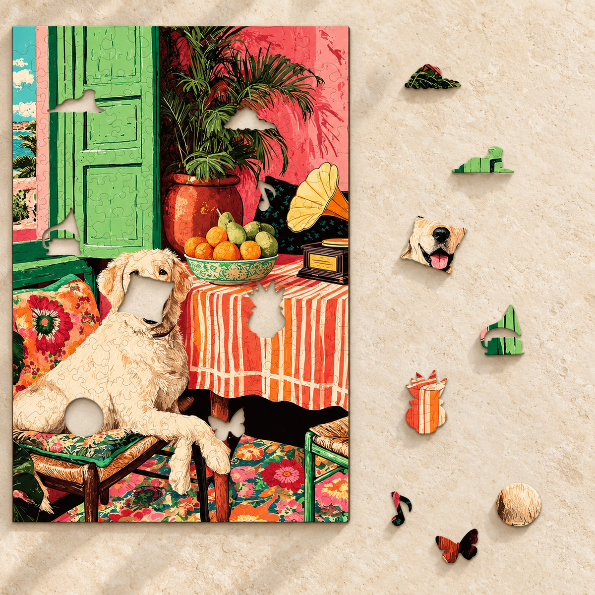 Coastal Golden Retreat Wooden Jigsaw Puzzle – Retriever & Colorful Seaside Room