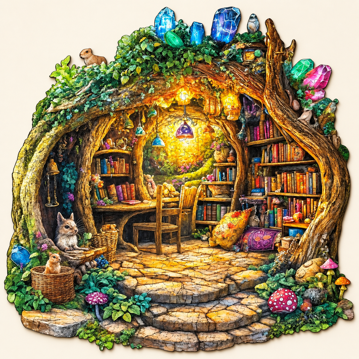 Enchanted Treehouse Library Wooden Jigsaw Puzzle – Woodland Books & Crystal Art