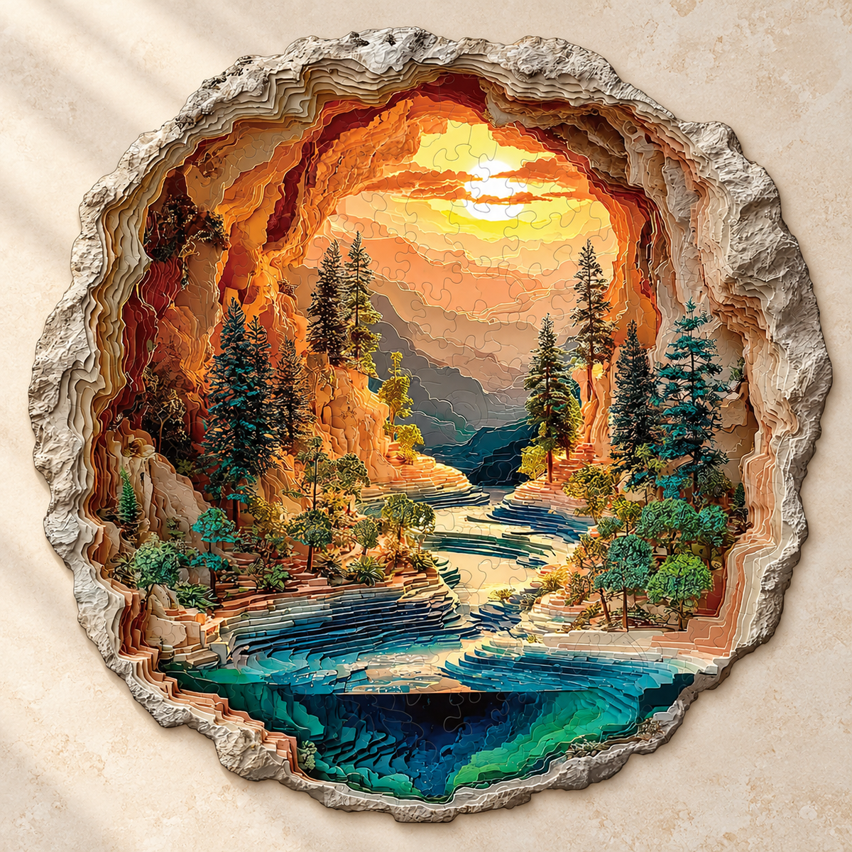 Golden Canyon Retreat Wooden Jigsaw Puzzle – Sunset Valley & River Landscape