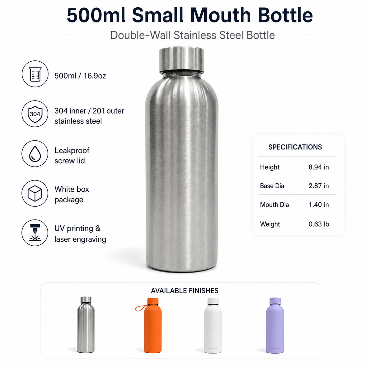 Custom 18Oz Stainless Steel Small Mouth Insulated Bottle
