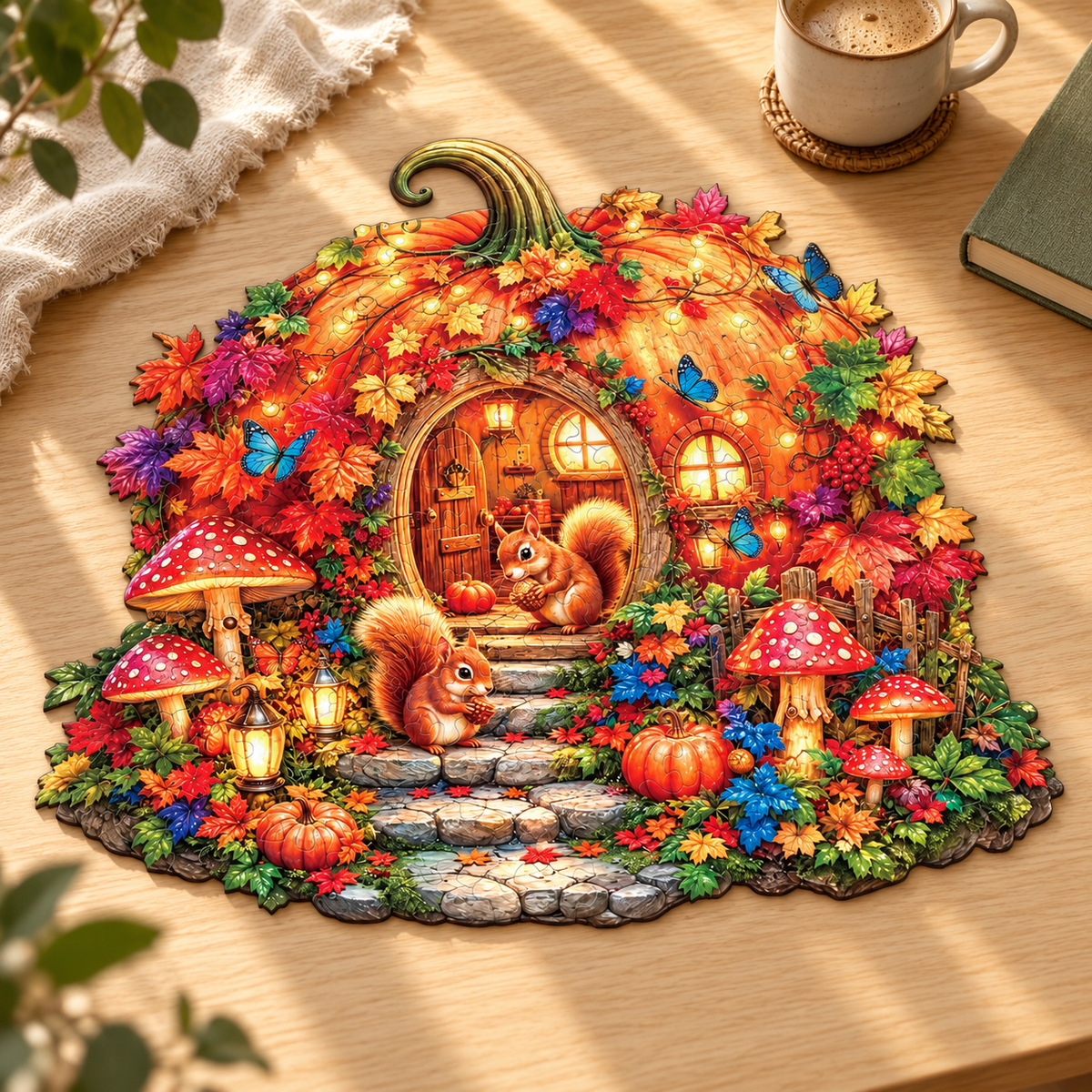 Autumn Squirrel Hideaway Wooden Jigsaw Puzzle – Enchanted Pumpkin Cottage