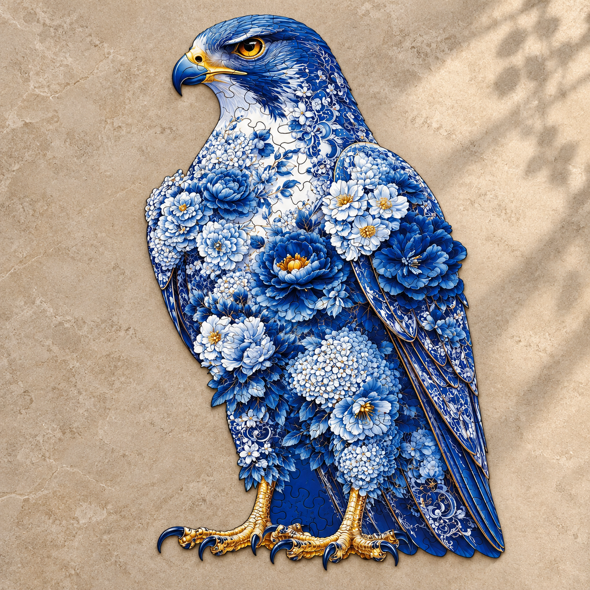 Cobalt Floral Eagle Wooden Jigsaw Puzzle – Blue & White Botanical Art