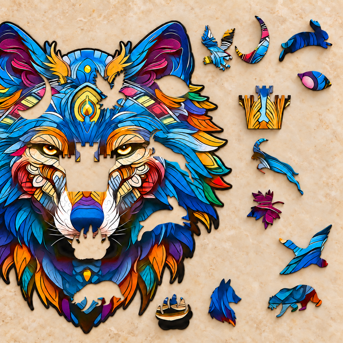 Wild Spirit Wooden Jigsaw Puzzle – Colorful Wolf Portrait & Ornamental Art