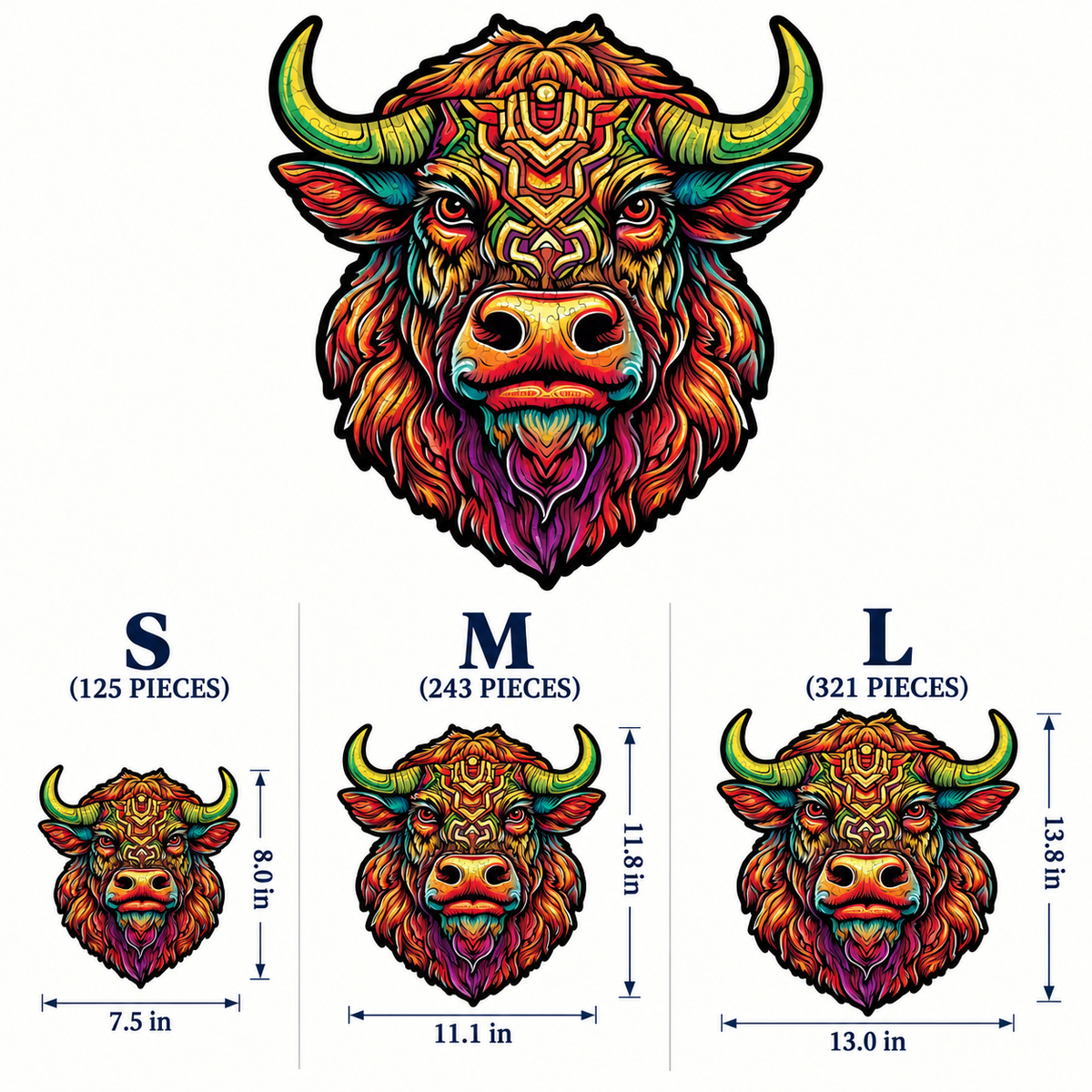 Blazing Spirit Bull Wooden Jigsaw Puzzle – Vibrant Animal Portrait
