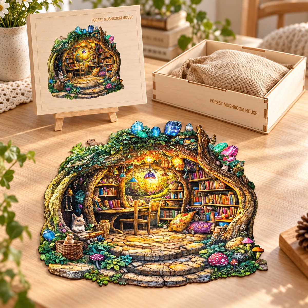 Enchanted Treehouse Library Wooden Jigsaw Puzzle – Woodland Books & Crystal Art