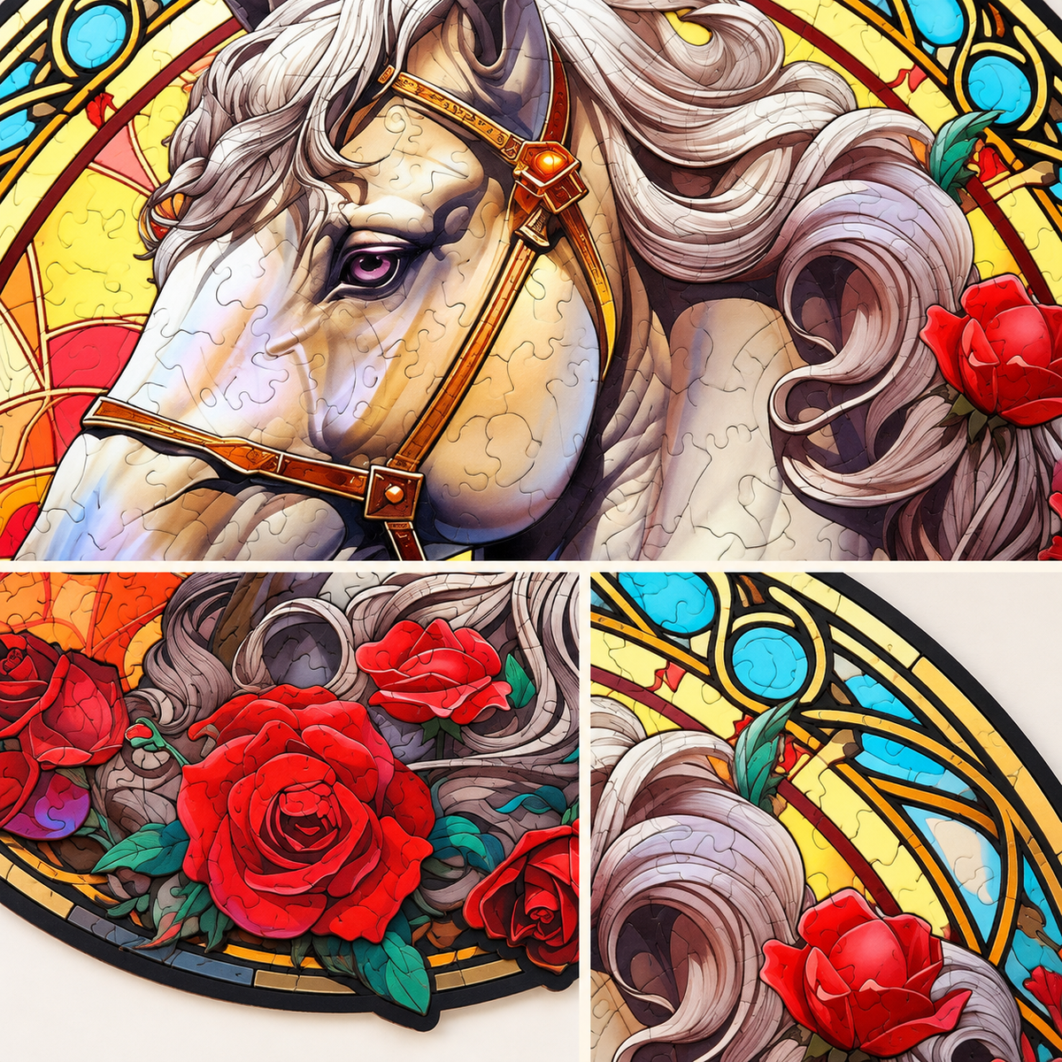 White Horse & Red Roses Wooden Jigsaw Puzzle – Stained Glass Style Portrait