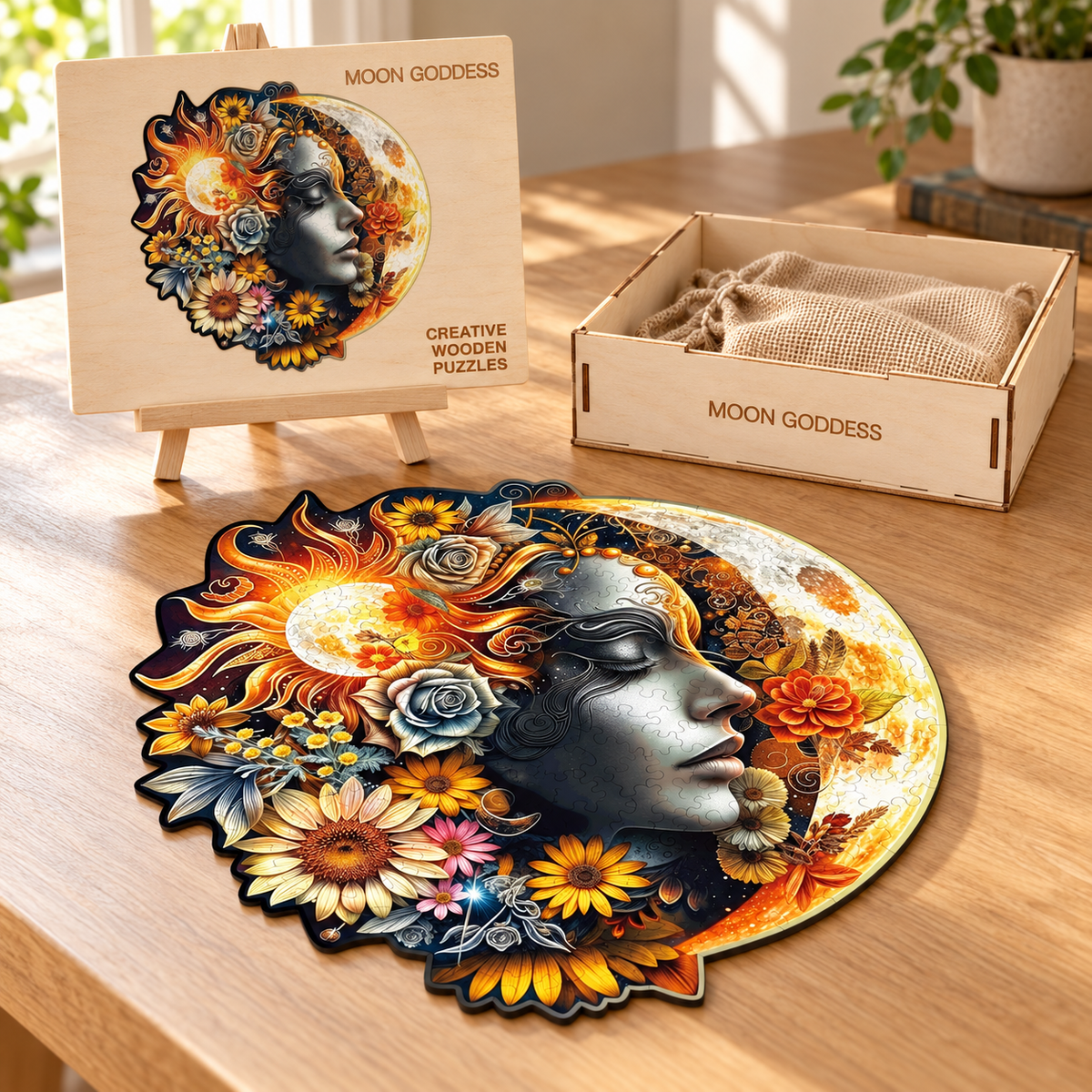 Celestial Bloom Wooden Jigsaw Puzzle – Moon Goddess, Golden Sun & Floral Art