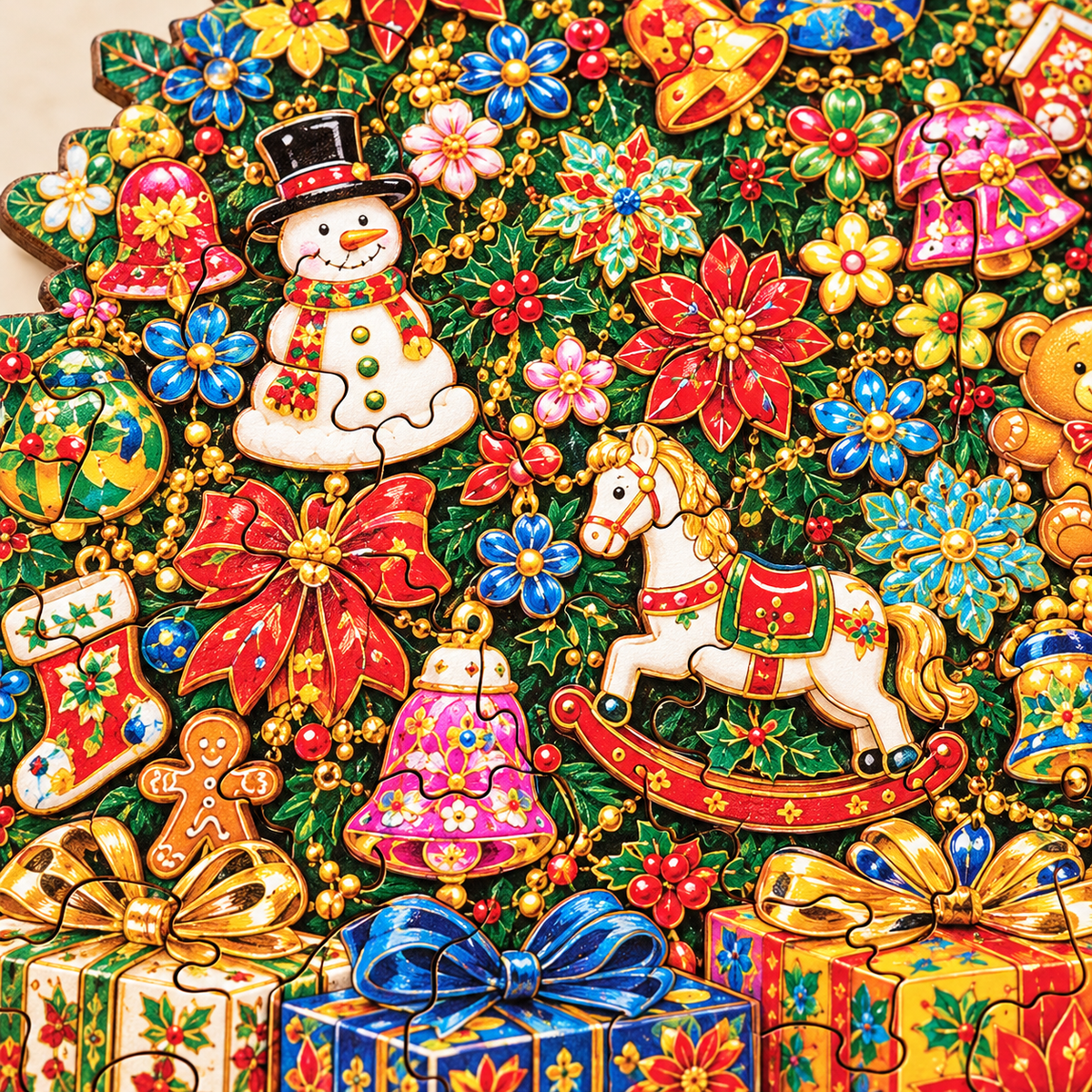 Festive Treasures Wooden Jigsaw Puzzle – Christmas Tree, Ornaments & Gifts