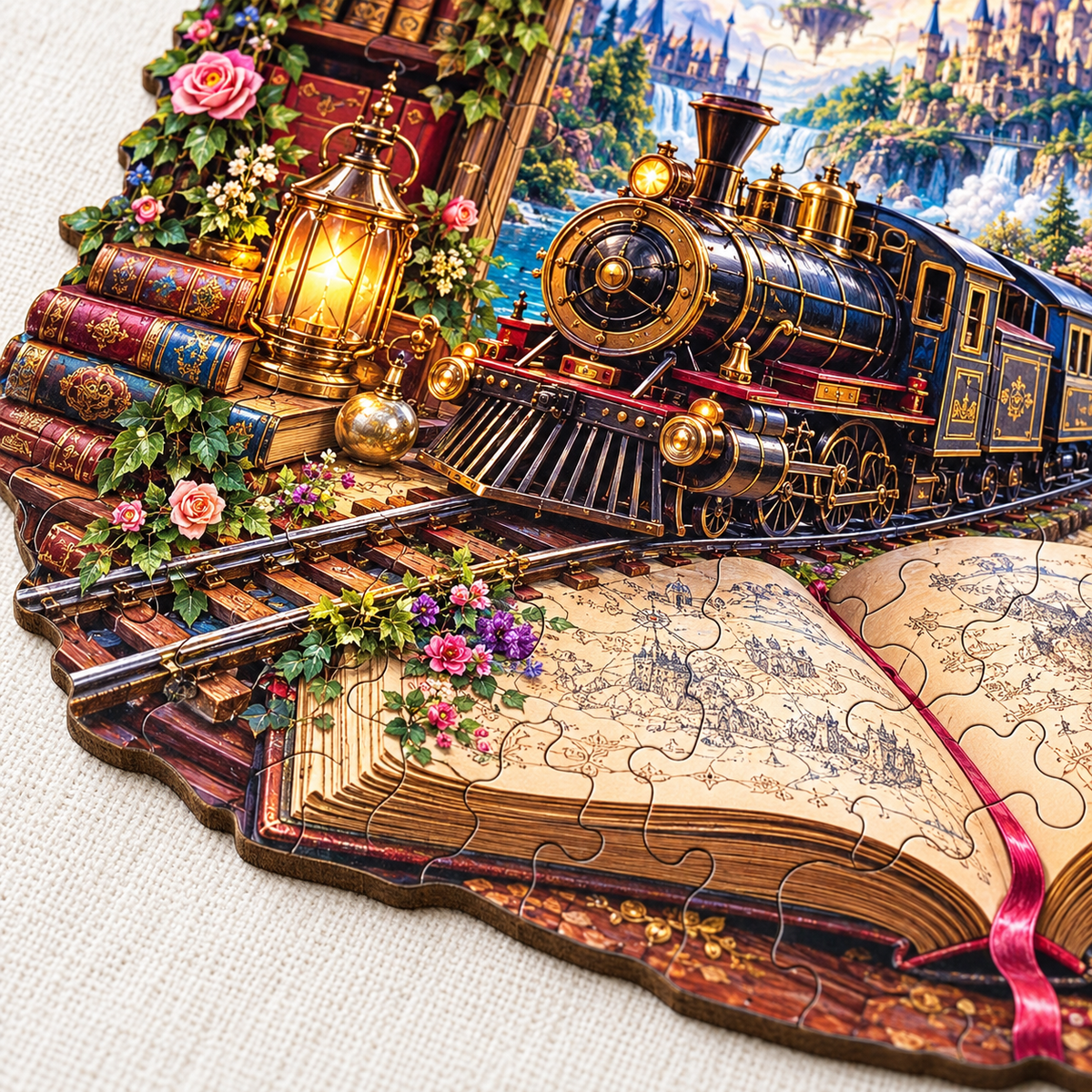 Enchanted Library Express Wooden Jigsaw Puzzle – Fantasy Castle & Steam Train