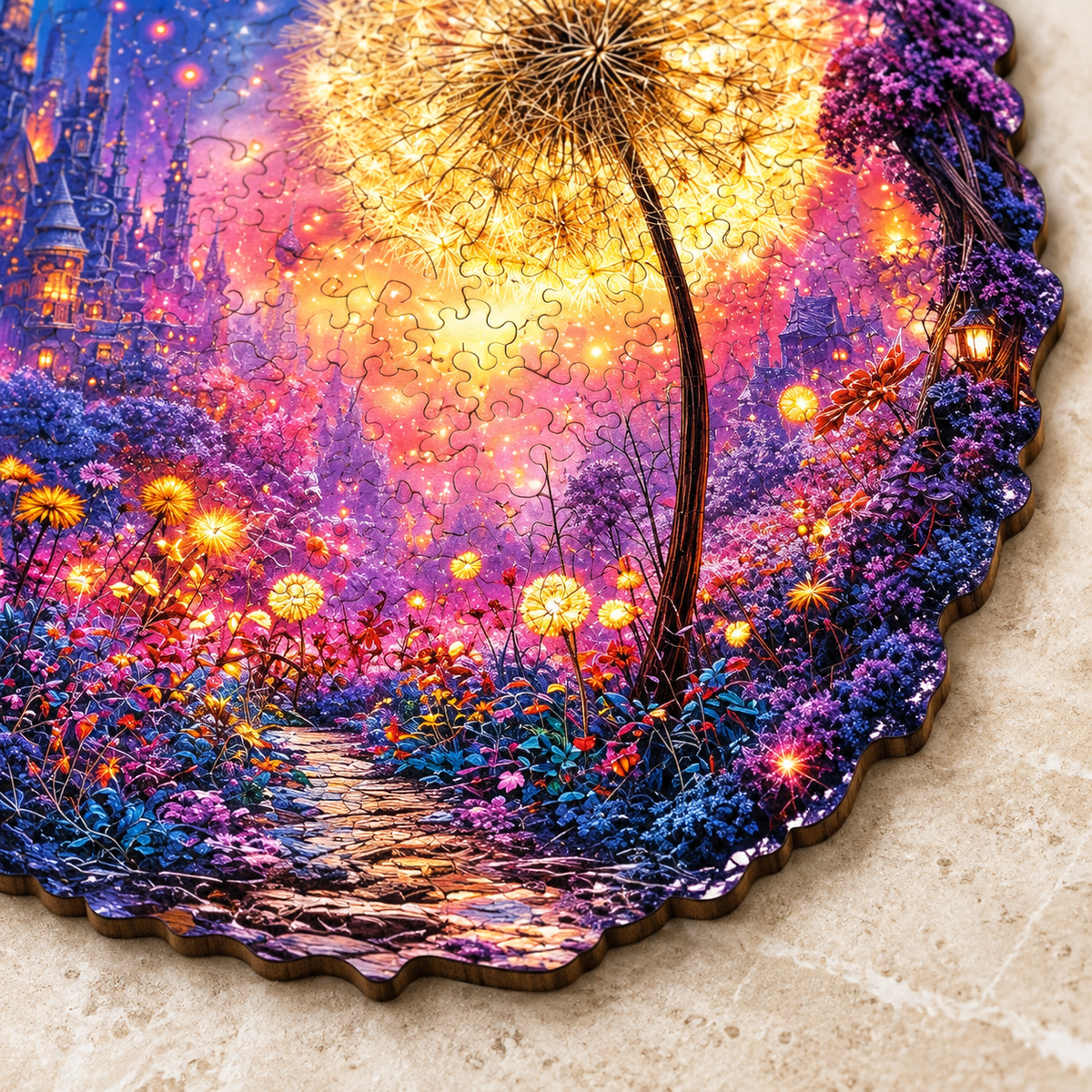 Golden Wish Garden Wooden Jigsaw Puzzle – Glowing Dandelion & Enchanted Castle Art