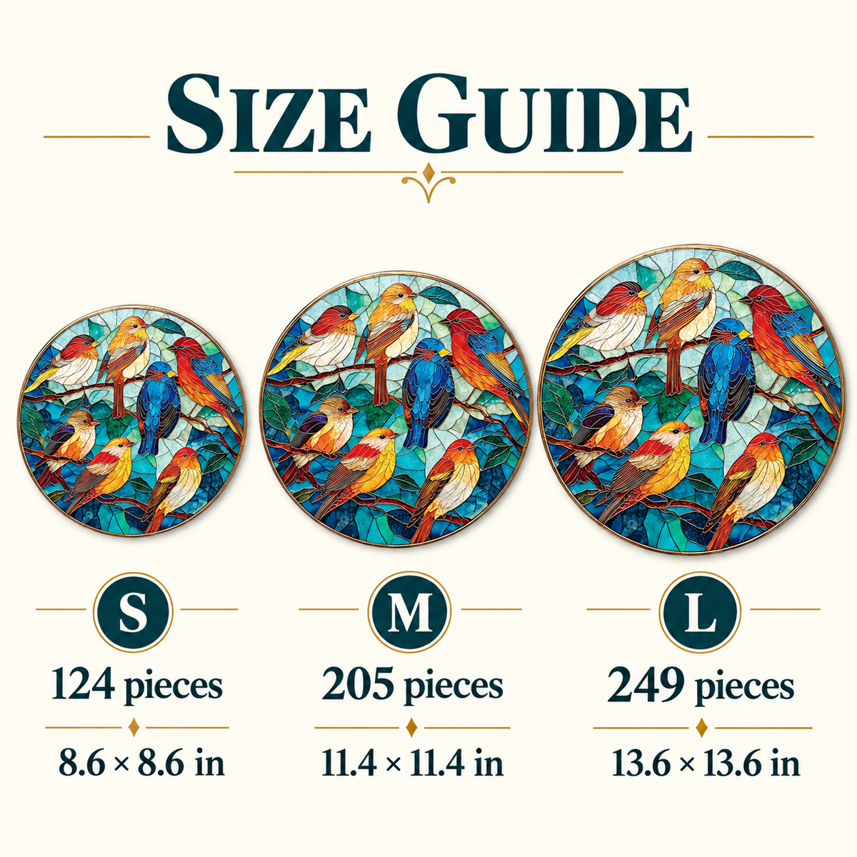 Songbirds in Color Wooden Jigsaw Puzzle – Round Stained Glass Style Bird Art