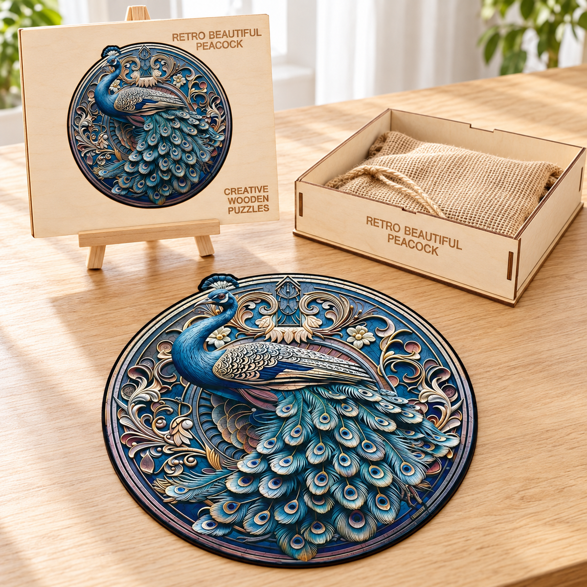 Gilded Plumage Wooden Jigsaw Puzzle – Vintage Peacock & Ornate Floral Art