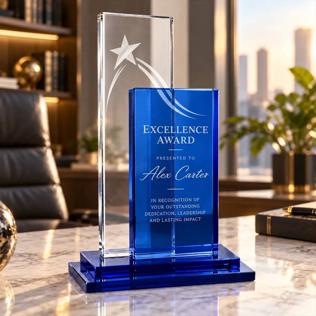 Blue & Clear Stacked Crystal Award Plaque