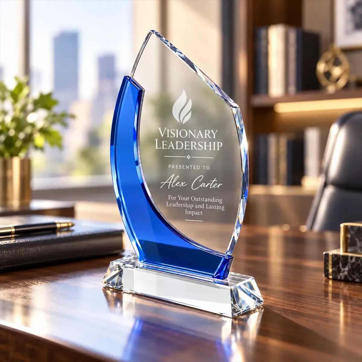 Custom Blue Accent Crystal Trophy with Base