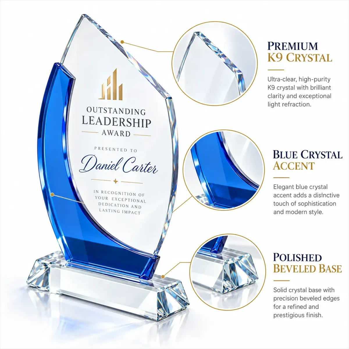 Custom Blue Accent Crystal Trophy with Base