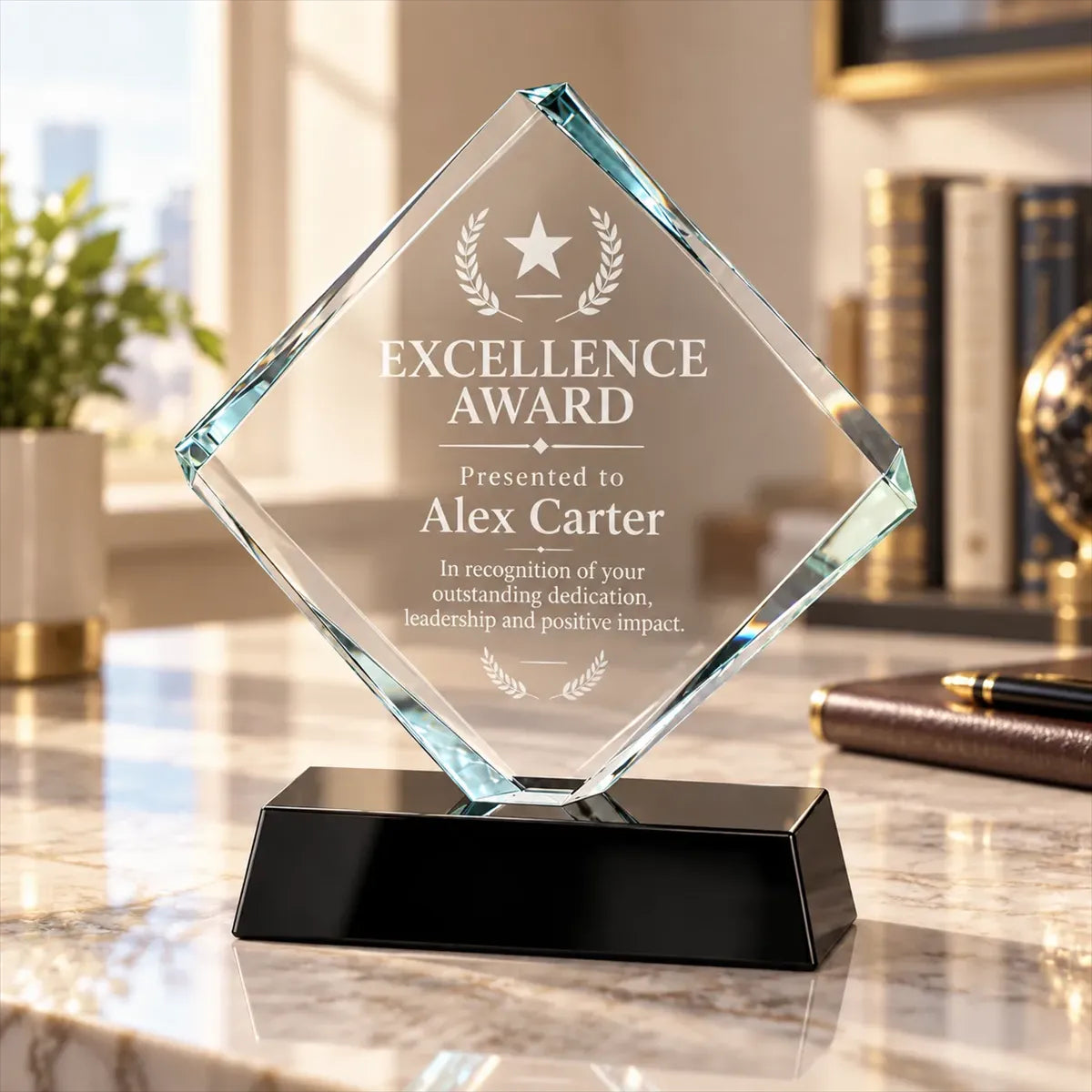 Diamond Shaped Crystal Award with Black Base