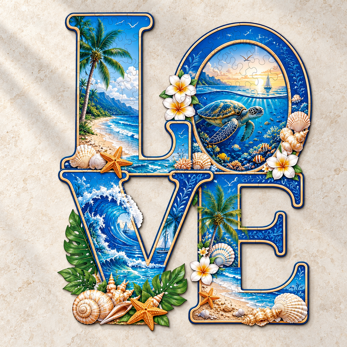 Seaside Love Wooden Jigsaw Puzzle – Ocean Turtle & Tropical Beach Art