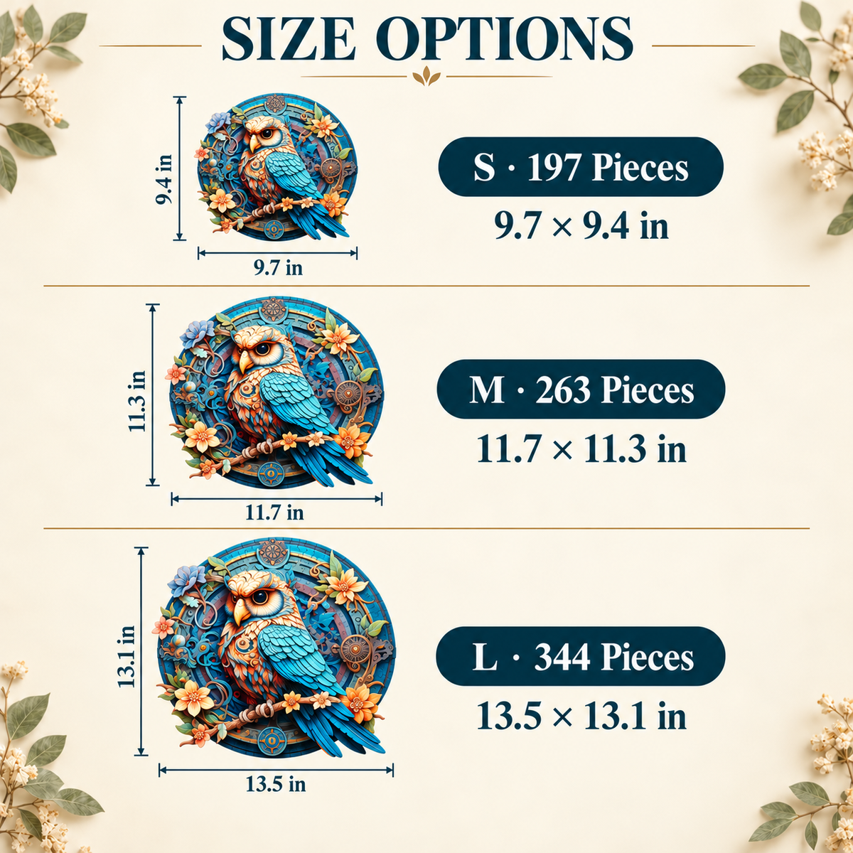 Ornate Blue Owl Wooden Jigsaw Puzzle – Floral & Gear Artwork