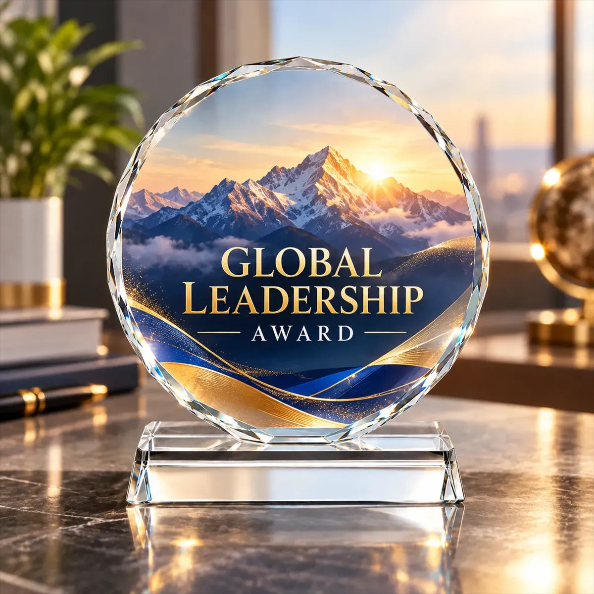 Sunflower Round Crystal Award with Clear Base