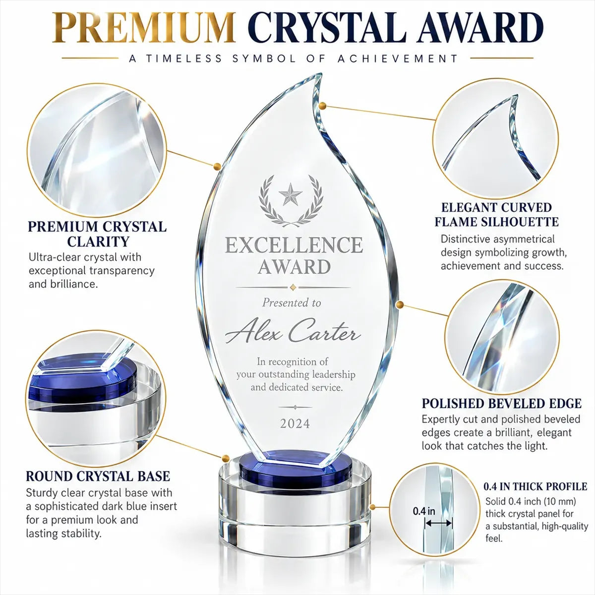Torch Shaped Crystal Award with Round Base