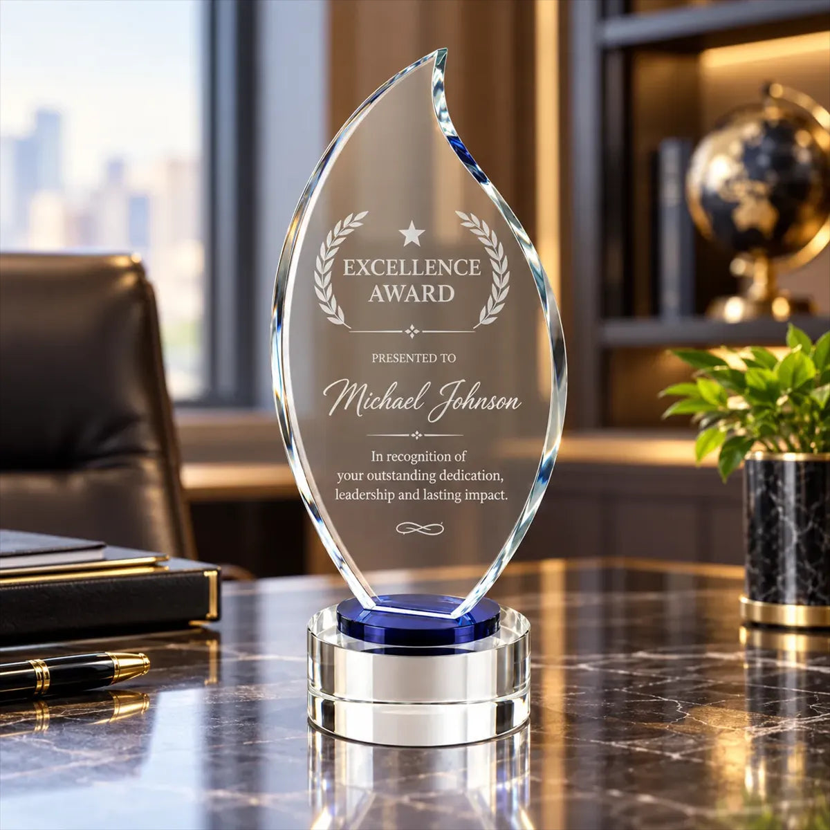Torch Shaped Crystal Award with Round Base