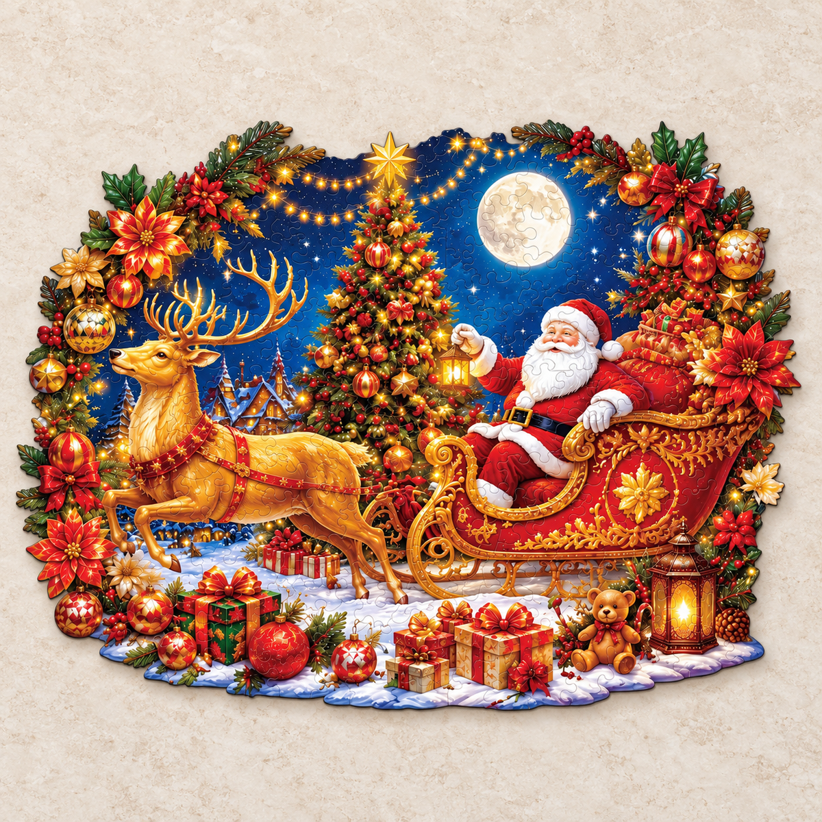 Golden Noel Sleigh Wooden Jigsaw Puzzle – Santa & Reindeer Under Moonlight