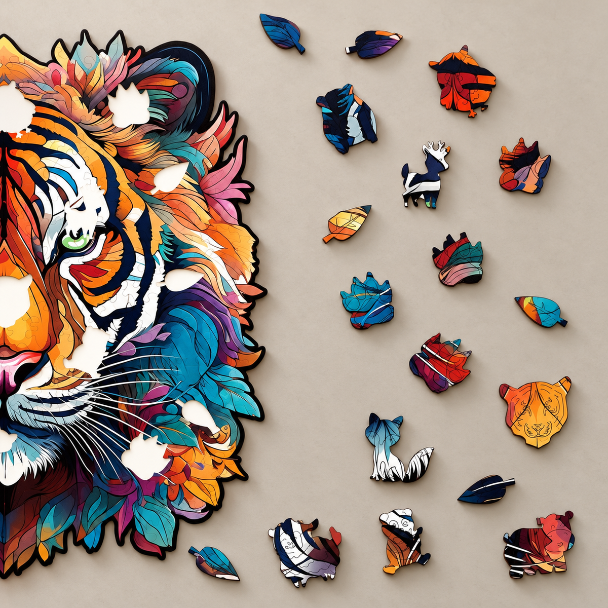 Wild Majesty Tiger Wooden Jigsaw Puzzle – Colorful Feline Portrait