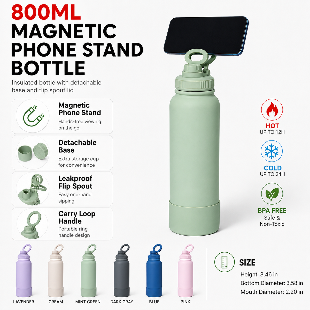 800ml Insulated Sports Bottle With Phone Holder Lid