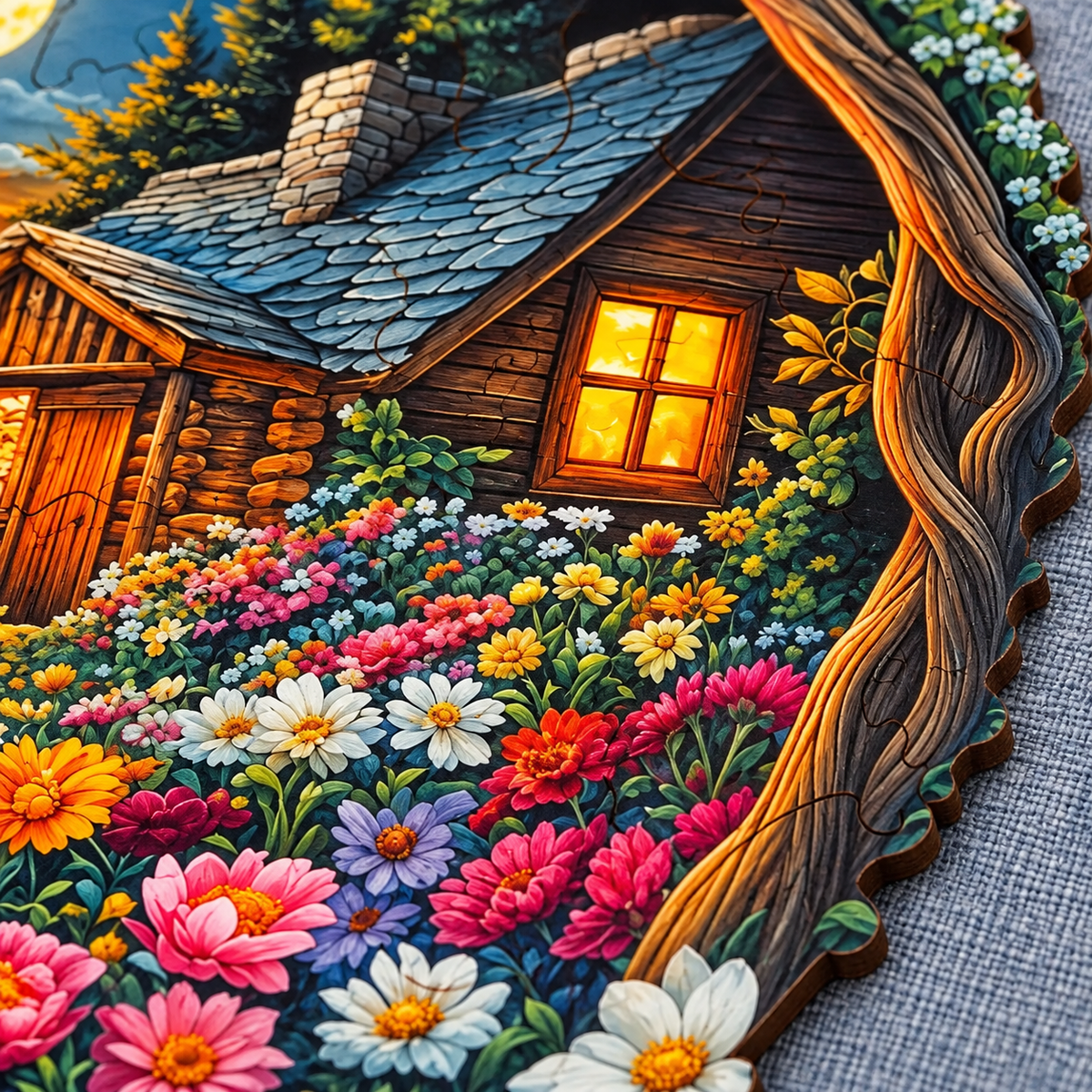 Moonlit Wildflower Cottage Wooden Jigsaw Puzzle – Forest Cabin & Garden Art