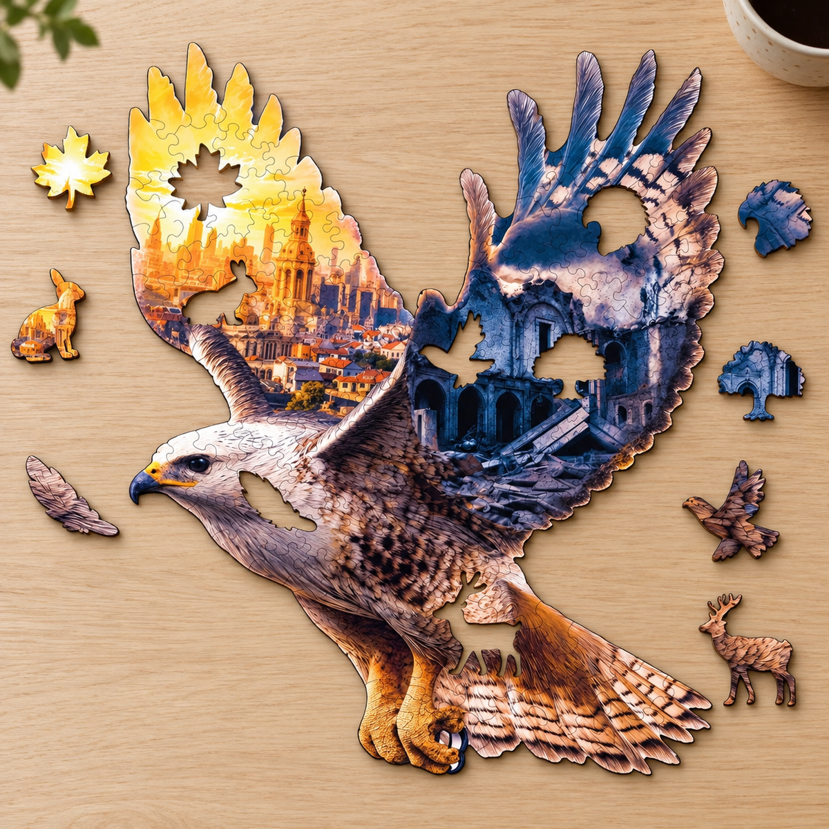Eagle of Two Horizons Wooden Jigsaw Puzzle – Golden City & Ruins Art
