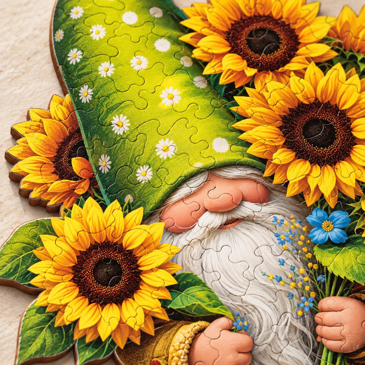 Golden Blooms Garden Gnome Wooden Jigsaw Puzzle
