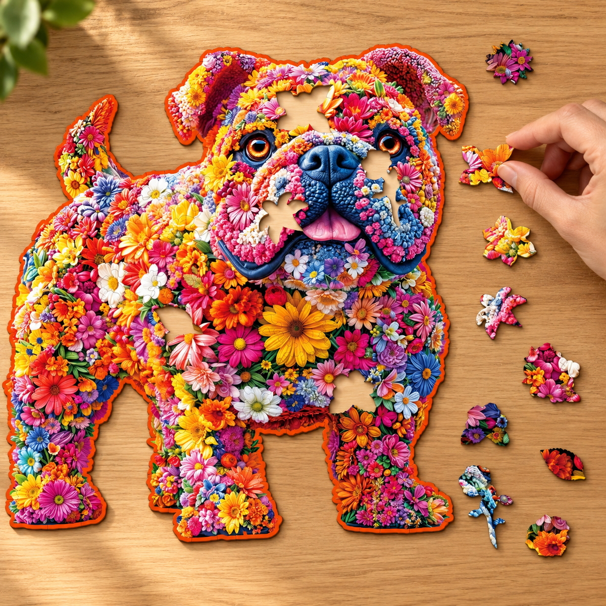Floral Bulldog Wooden Jigsaw Puzzle – Colorful Dog-Shaped Puzzle