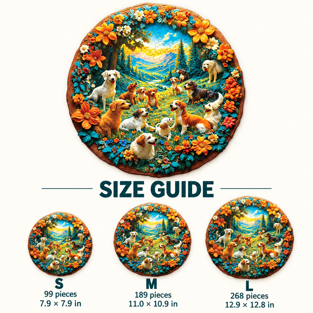 Sunny Meadow Dogs Wooden Jigsaw Puzzle – Floral Mountain Scene