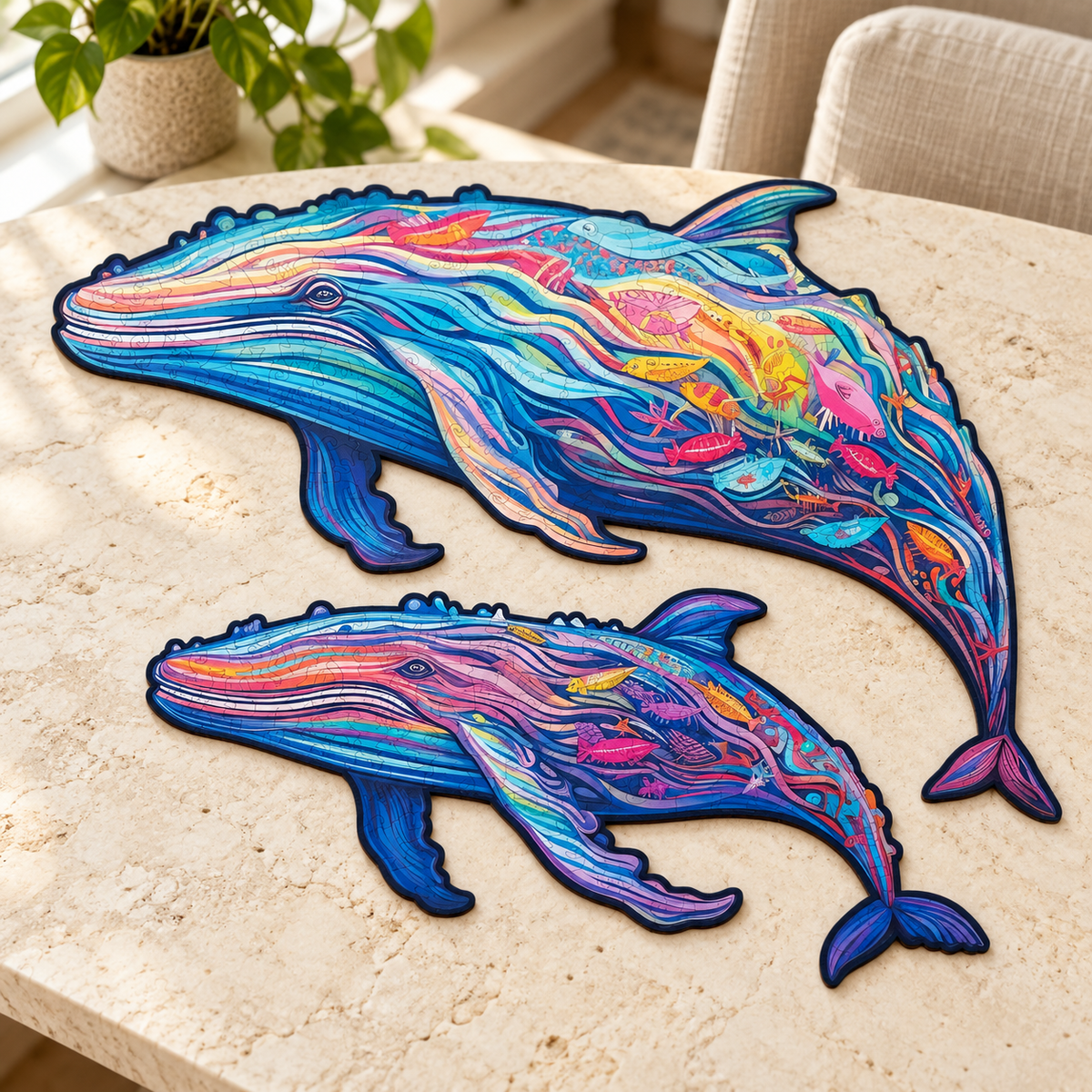 Ocean Companions Wooden Jigsaw Puzzle – Colorful Whale & Calf Duo