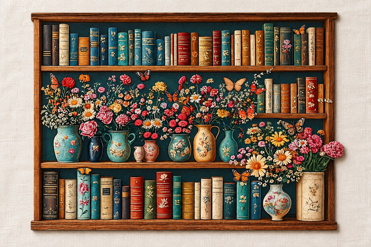 Literary Blooms Wooden Jigsaw Puzzle – Vintage Books, Flowers & Butterflies