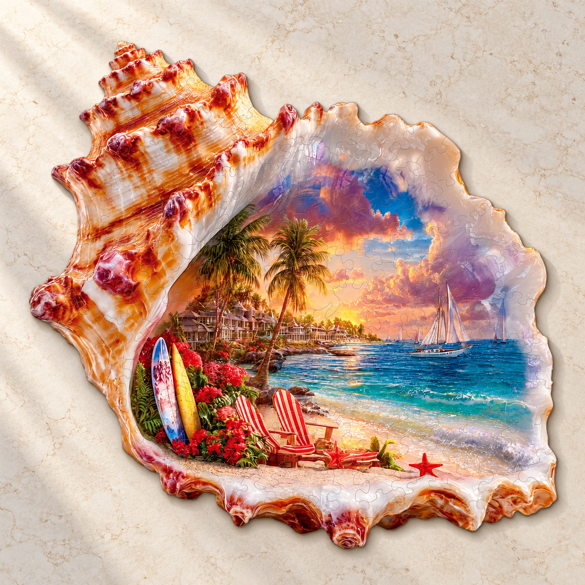 Seashell Sunset Escape Wooden Jigsaw Puzzle – Tropical Beach & Sailboat Scene