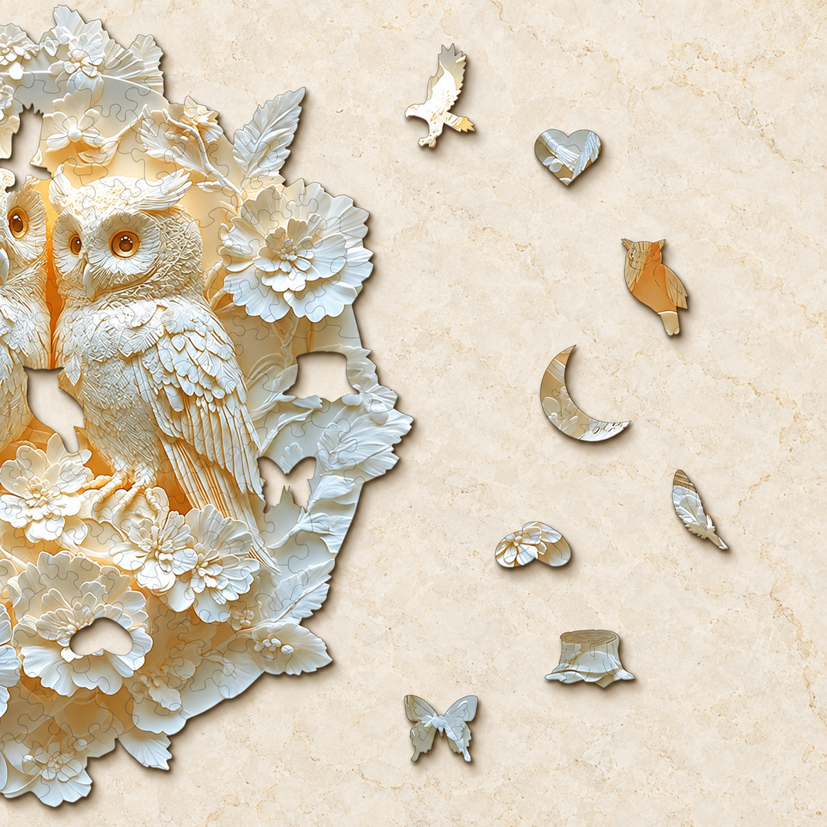 Ivory Blossom Owl Pair Wooden Jigsaw Puzzle – Floral Woodland Art