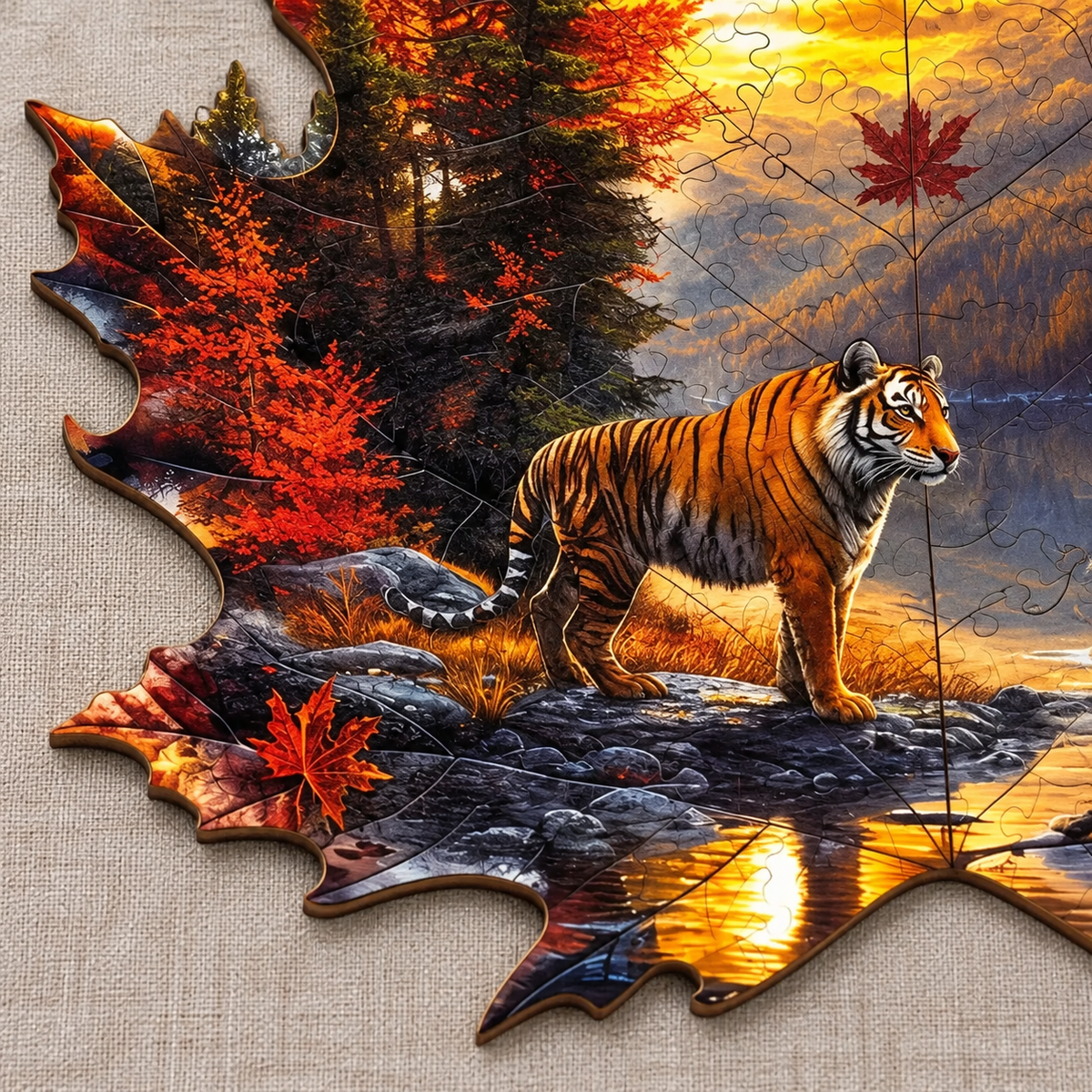Autumn Tiger Haven Wooden Jigsaw Puzzle – Maple Leaf Shaped Wildlife Art