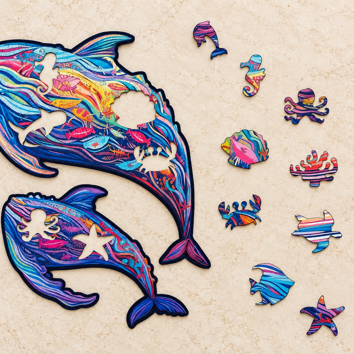 Ocean Companions Wooden Jigsaw Puzzle – Colorful Whale & Calf Duo