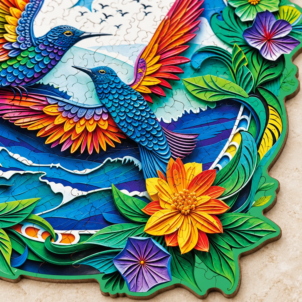 Rainbow Wings Wooden Jigsaw Puzzle – Hummingbird Duo & Floral Garden Art