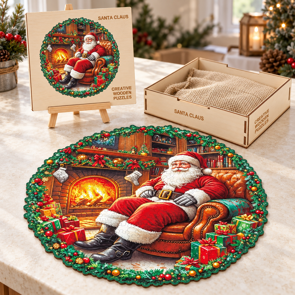 Santa’s Fireside Retreat Wooden Jigsaw Puzzle – Cozy Christmas Scene