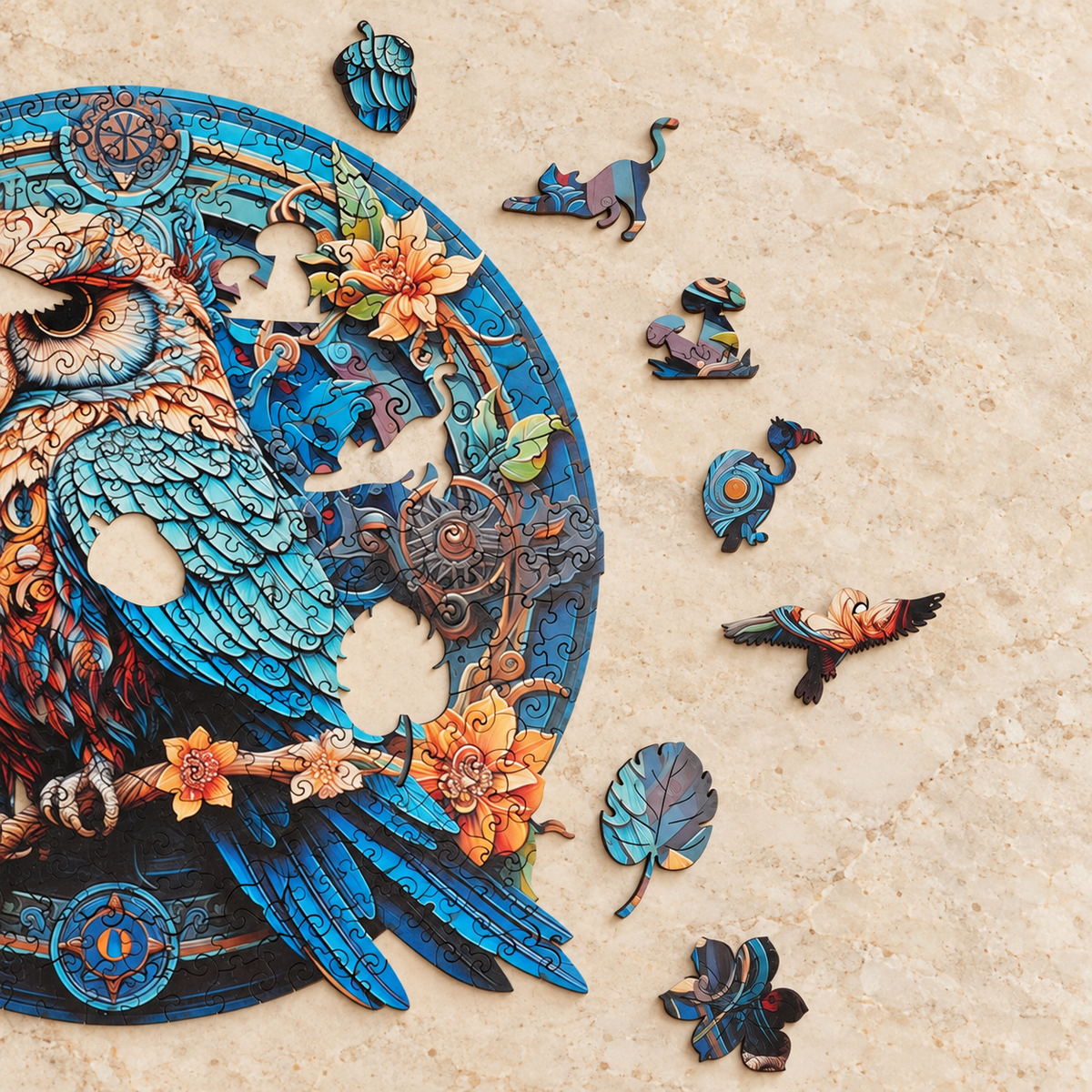 Ornate Blue Owl Wooden Jigsaw Puzzle – Floral & Gear Artwork