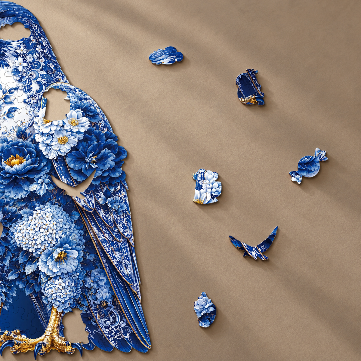Cobalt Floral Eagle Wooden Jigsaw Puzzle – Blue & White Botanical Art