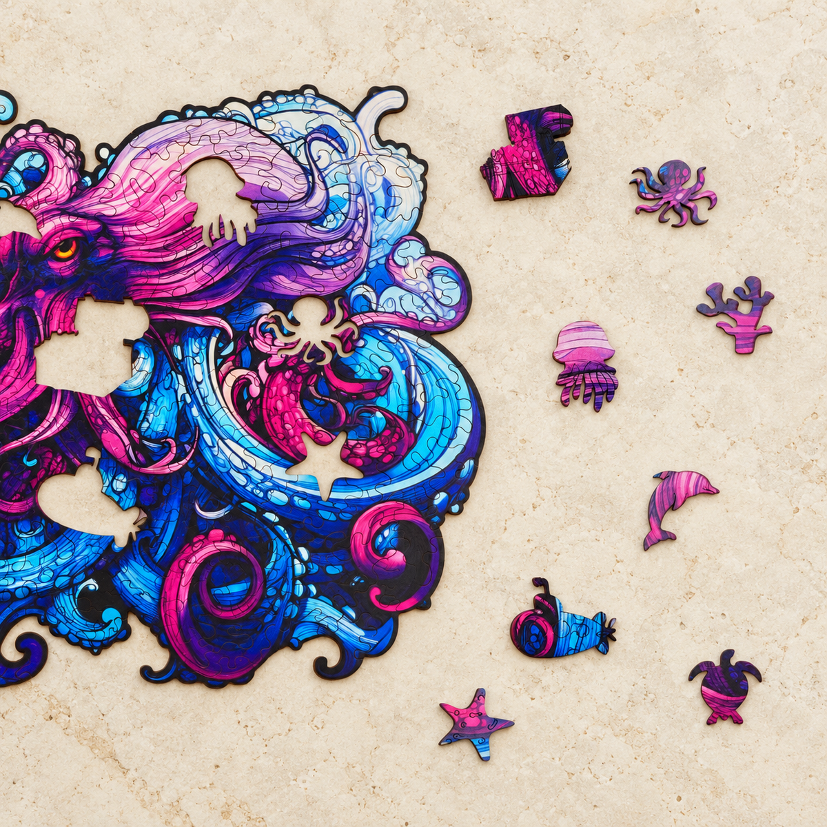Violet Tides Wooden Jigsaw Puzzle – Octopus & Ocean Wave Art